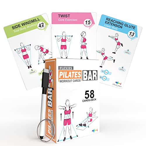 Flexies Tarjetas de entrenamiento de barra de pilates – 58 tarjetas de ejercicio con posturas de entrenamiento de pilates, instrucciones y consejos de respiración | Anillo y marcador de borrado en